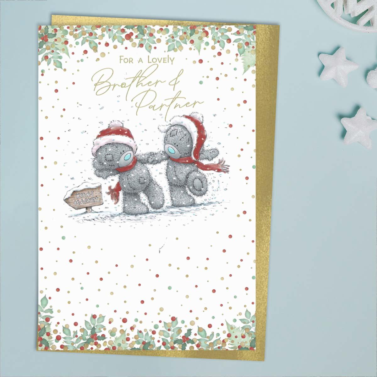 Lovely Brother And Partner Snow Tatty Teddy Christmas Card Front Image