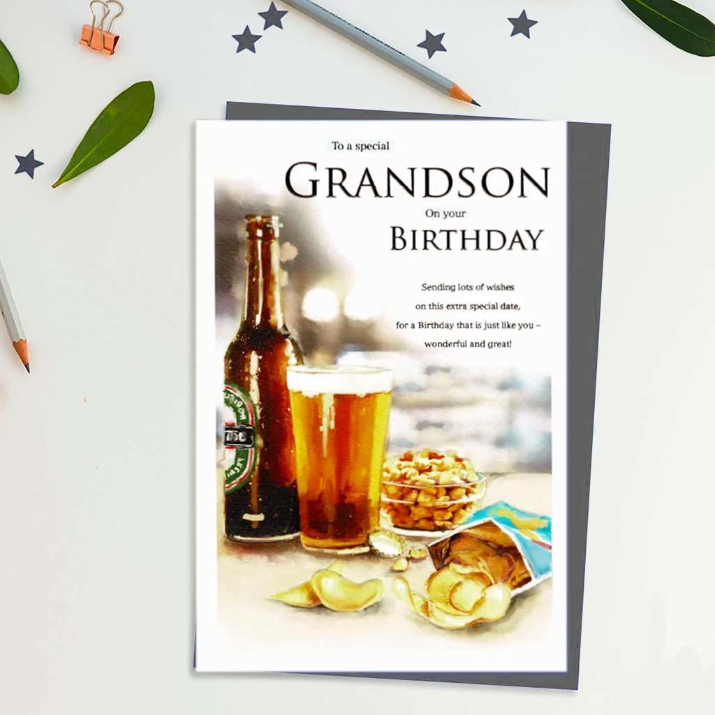 Special Grandson Birthday Beer And Bar Snacks Card Front Image