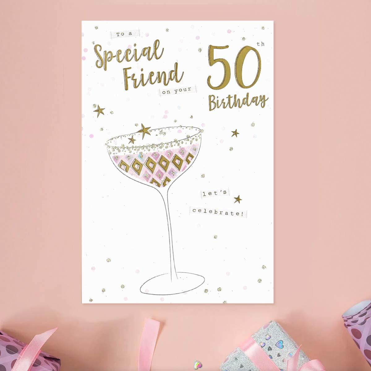 Special Friend Age 50 Birthday Card Alongside Its Magenta Envelope