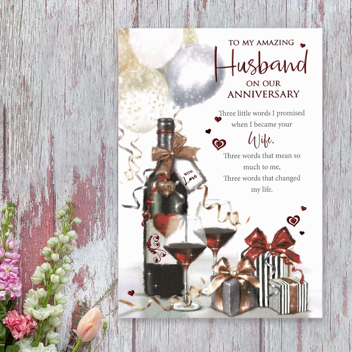 Amazing Husband Anniversary Red Wine & Gifts Card Front Image