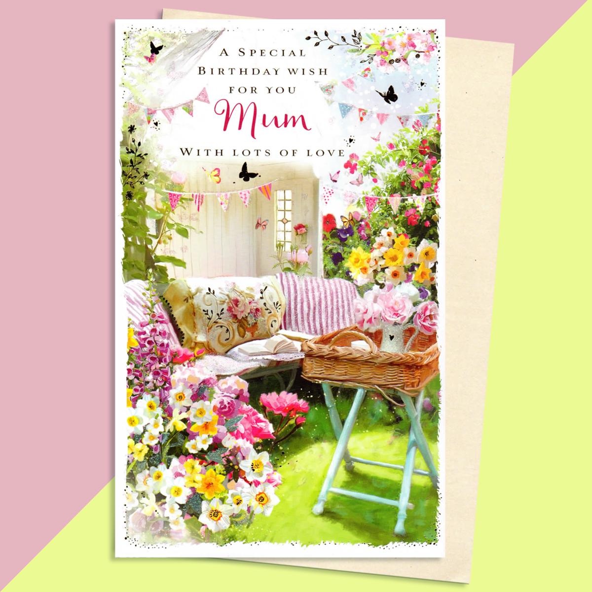 Mum Summer House Birthday Card Sitting On A Display Shelf