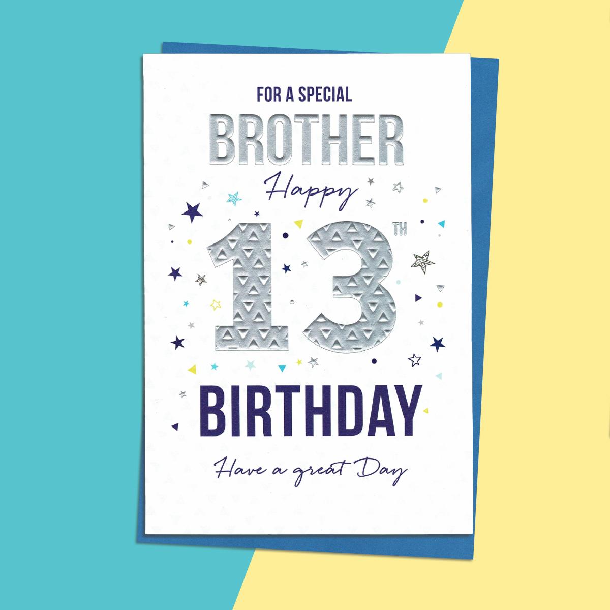 Brother 13th Birthday Card Alongside Its Blue Envelope