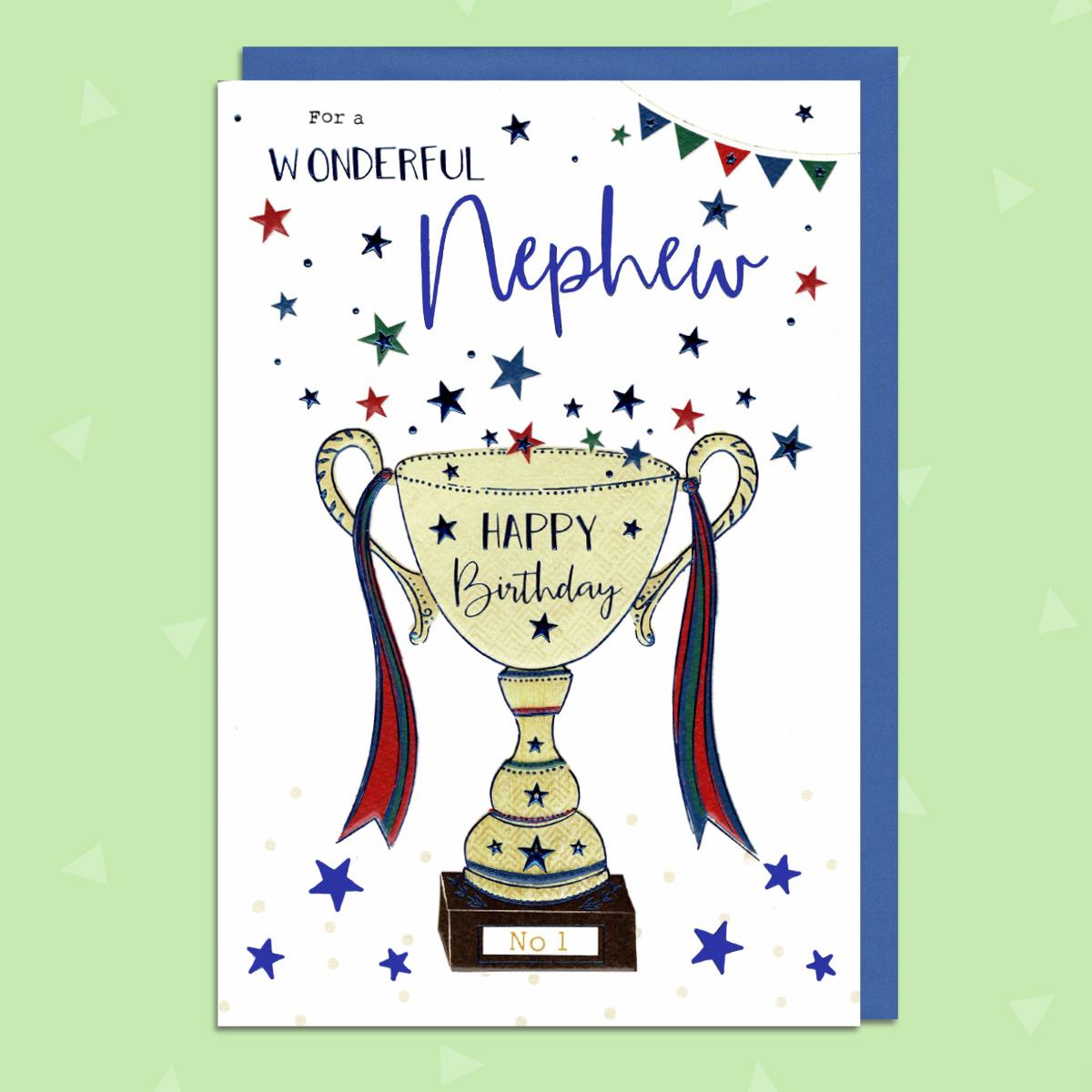 Nephew Birthday Card Showing A Birthday Trophy Decorated In Red And Blue Ribbons