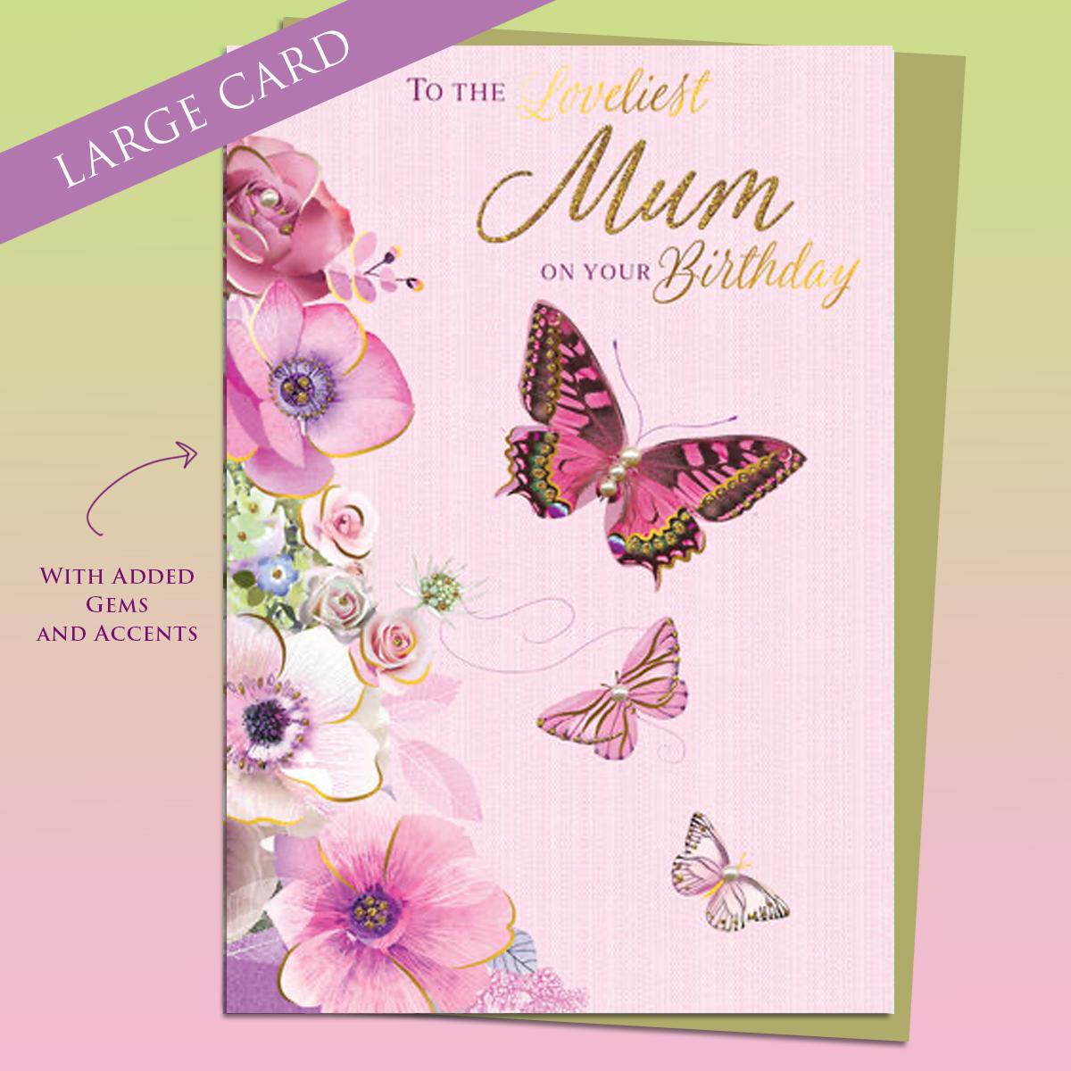 Loveliest Mum Butterflies Birthday Card Alongside Its Gold Envelope