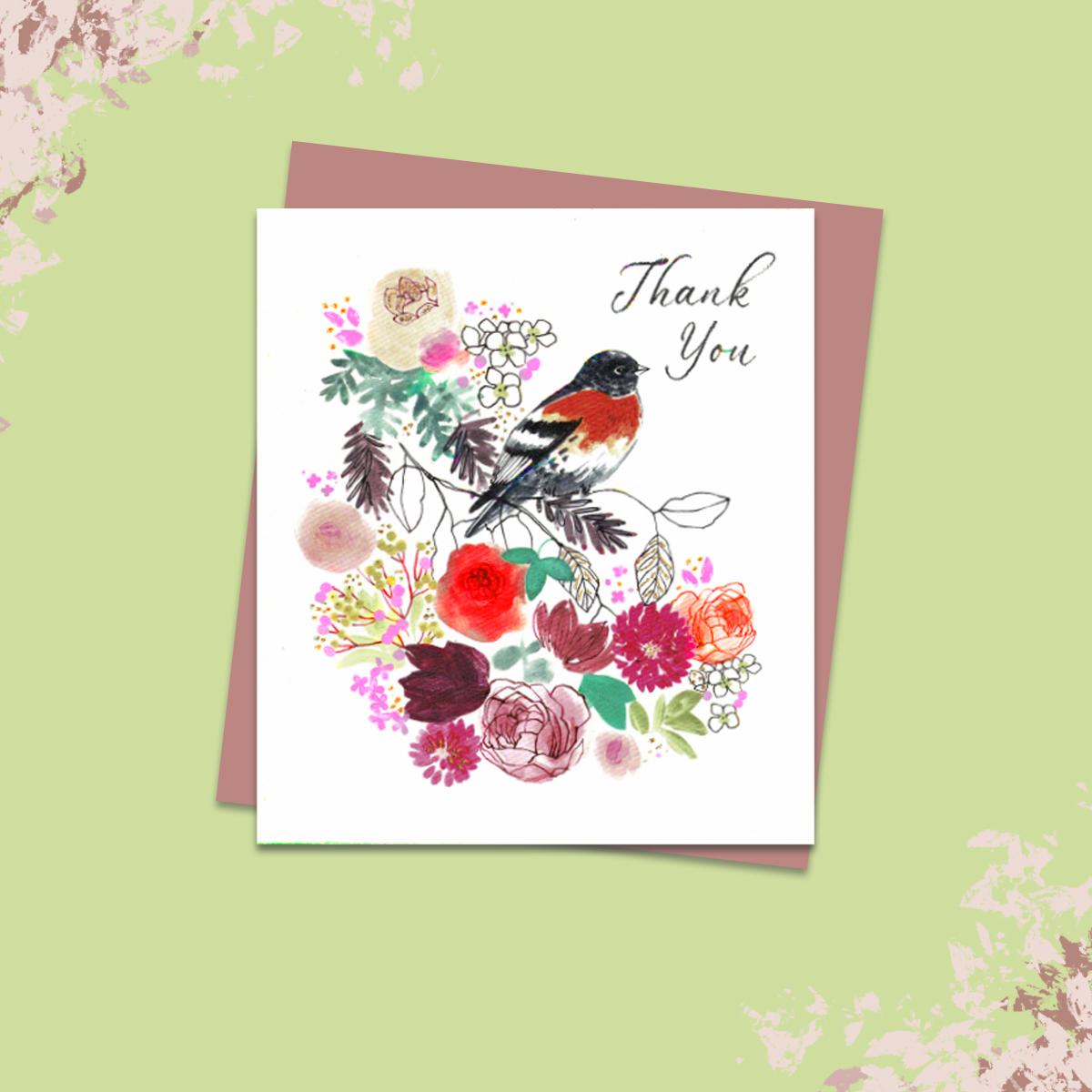 Thank You Neon Robin Card Alongside Its Rose Gold Envelope