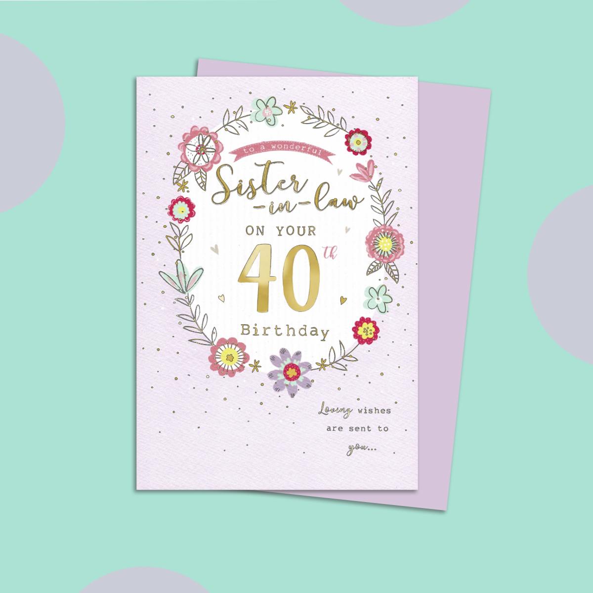 Sister In Law Age 40 Birthday Card Alongside Its Lilac Envelope
