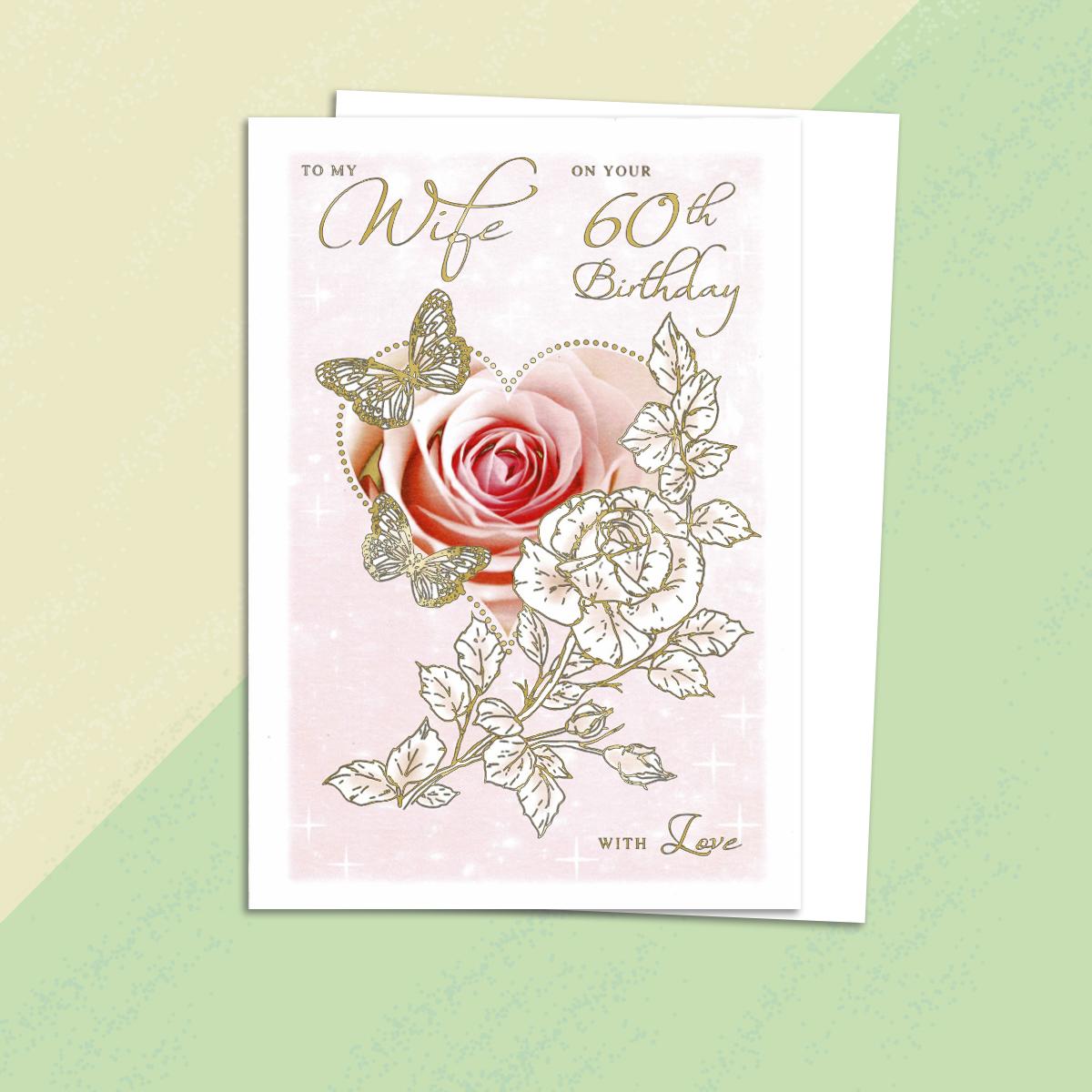 Wife Age 60 Birthday Card Alongside Its White Envelope