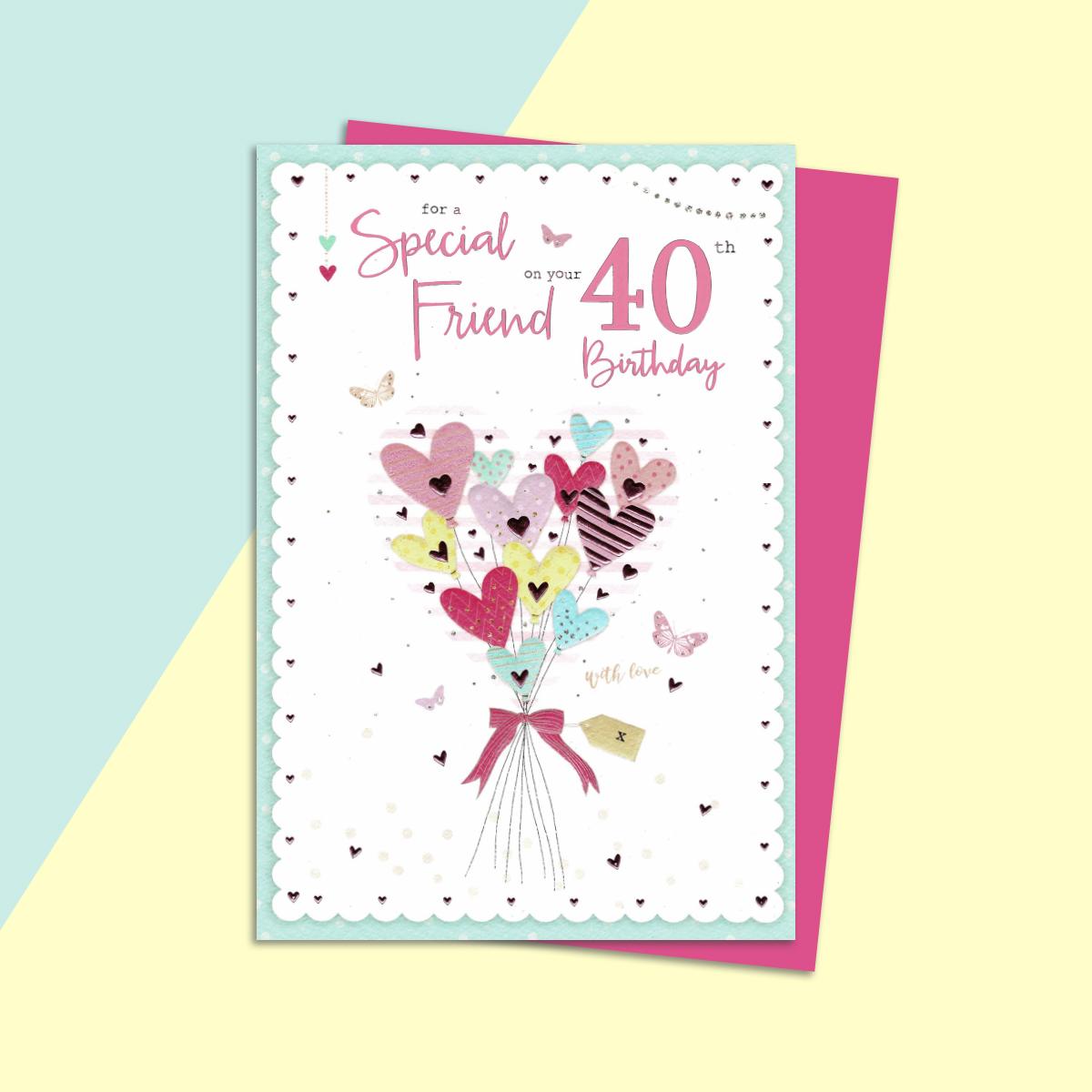 Friend Age 40th Hearts Birthday Card Alongside Its Magenta Envelope