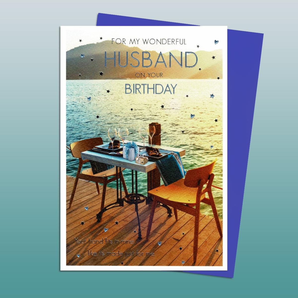 Husband Birthday Card Showing A Table Set Up For A Meal By The Sea