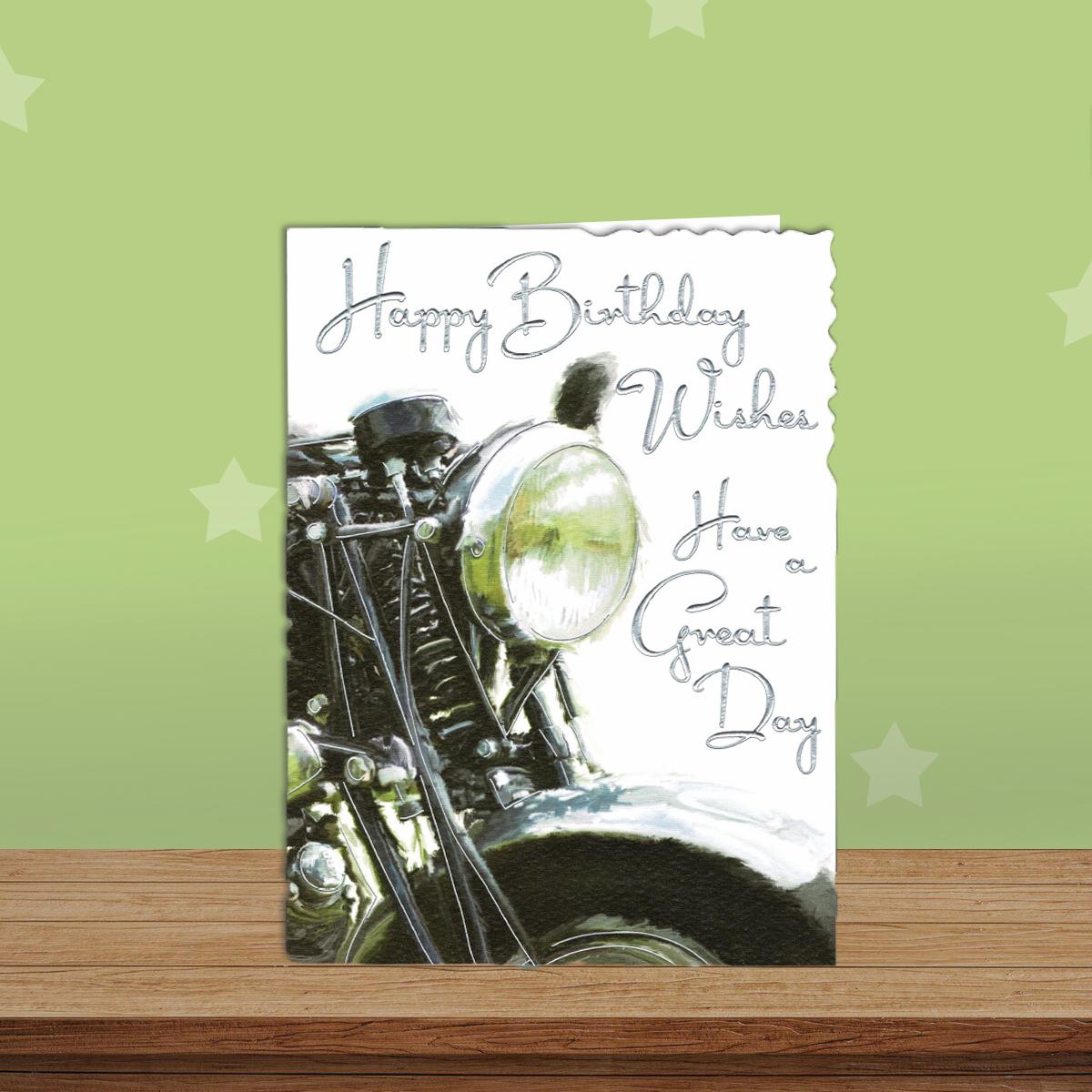 Motorbike Themed Birthday Card Alongside Its White Envelope