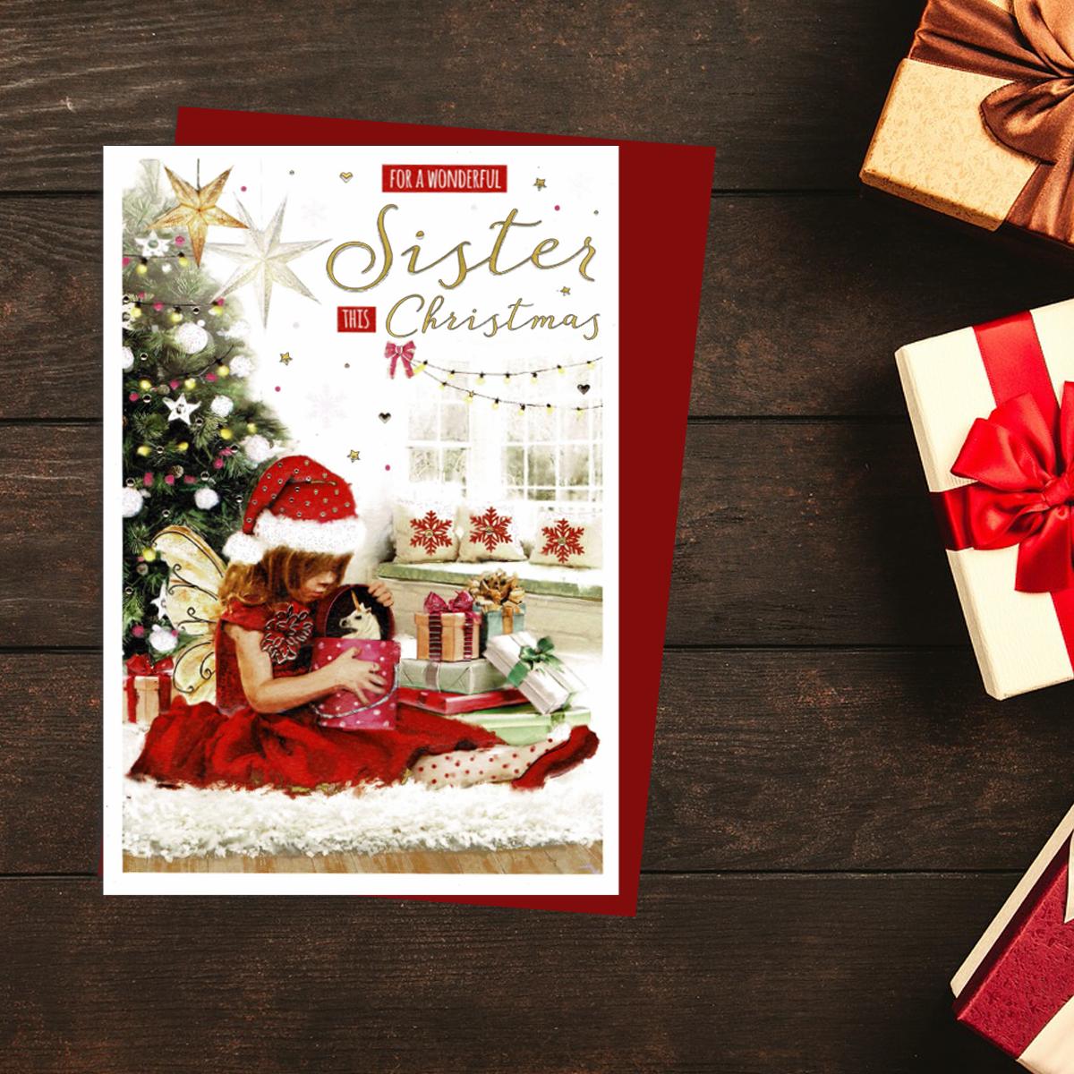 Sister Christmas Card Alongside Its Red Envelope