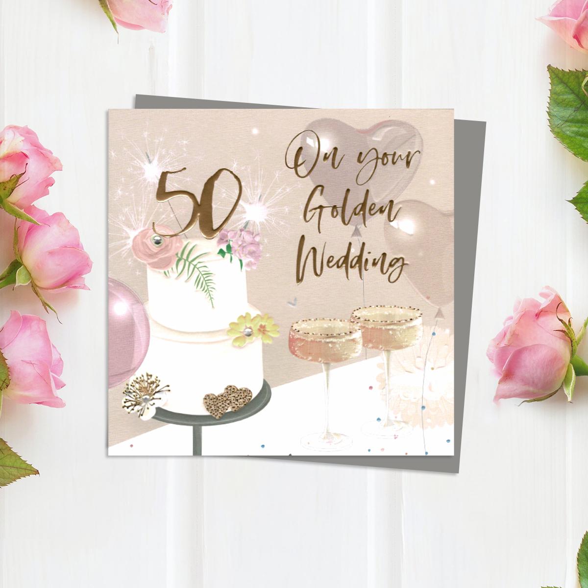 Golden Wedding Anniversary Card With Embellishments And Grey Envelope