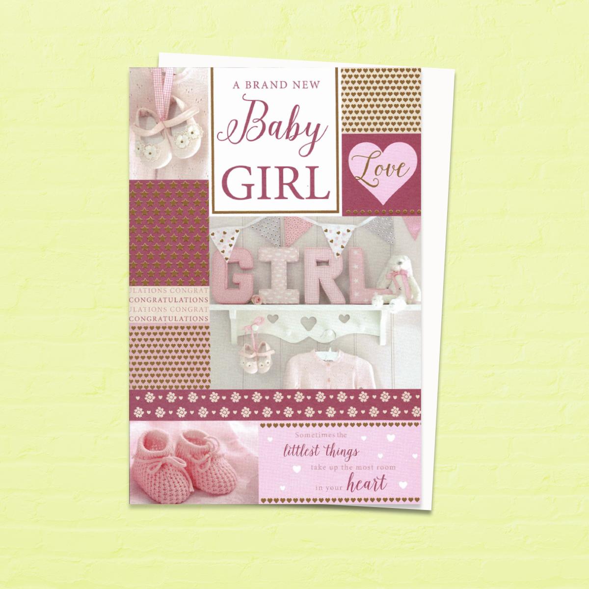 'A Brand New Baby Girl' Card With Bootees, Bunting And All Things Pink!