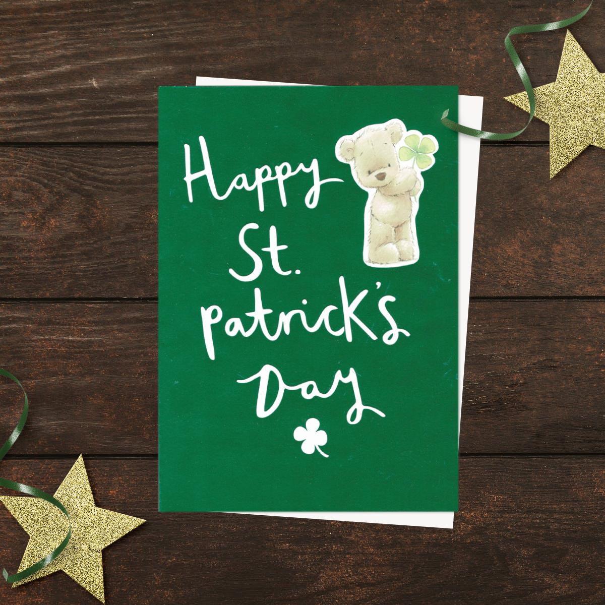 ' Happy St. Patrick's Day' Card Showing Cute Bear Holding Clover. With White Envelope