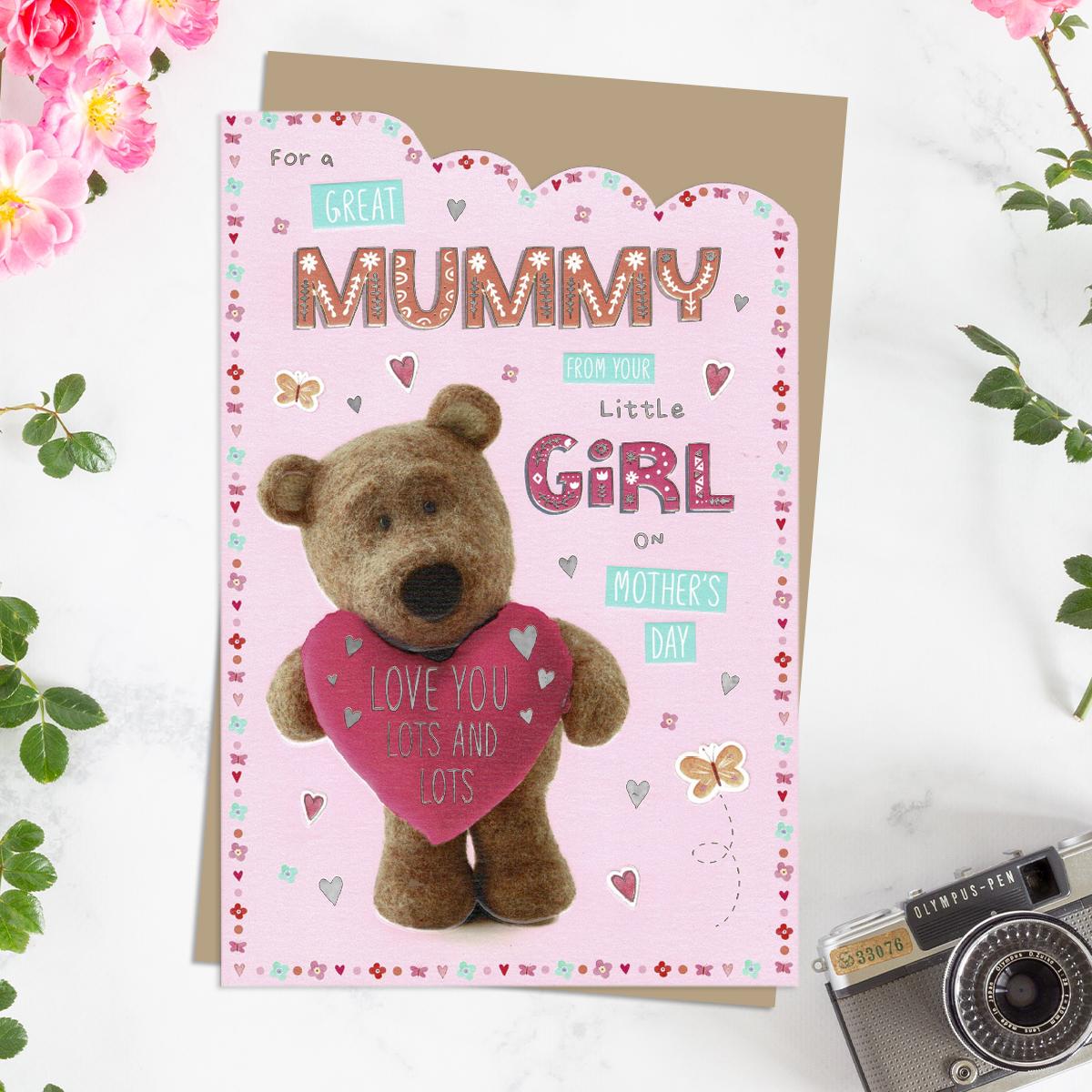 ' For A Great Mummy From Your Little Girl On Mother's Day' Card Featuring Barley Bear With Pink Heart! Complete With Silver Foiling Detail And Brown Envelope