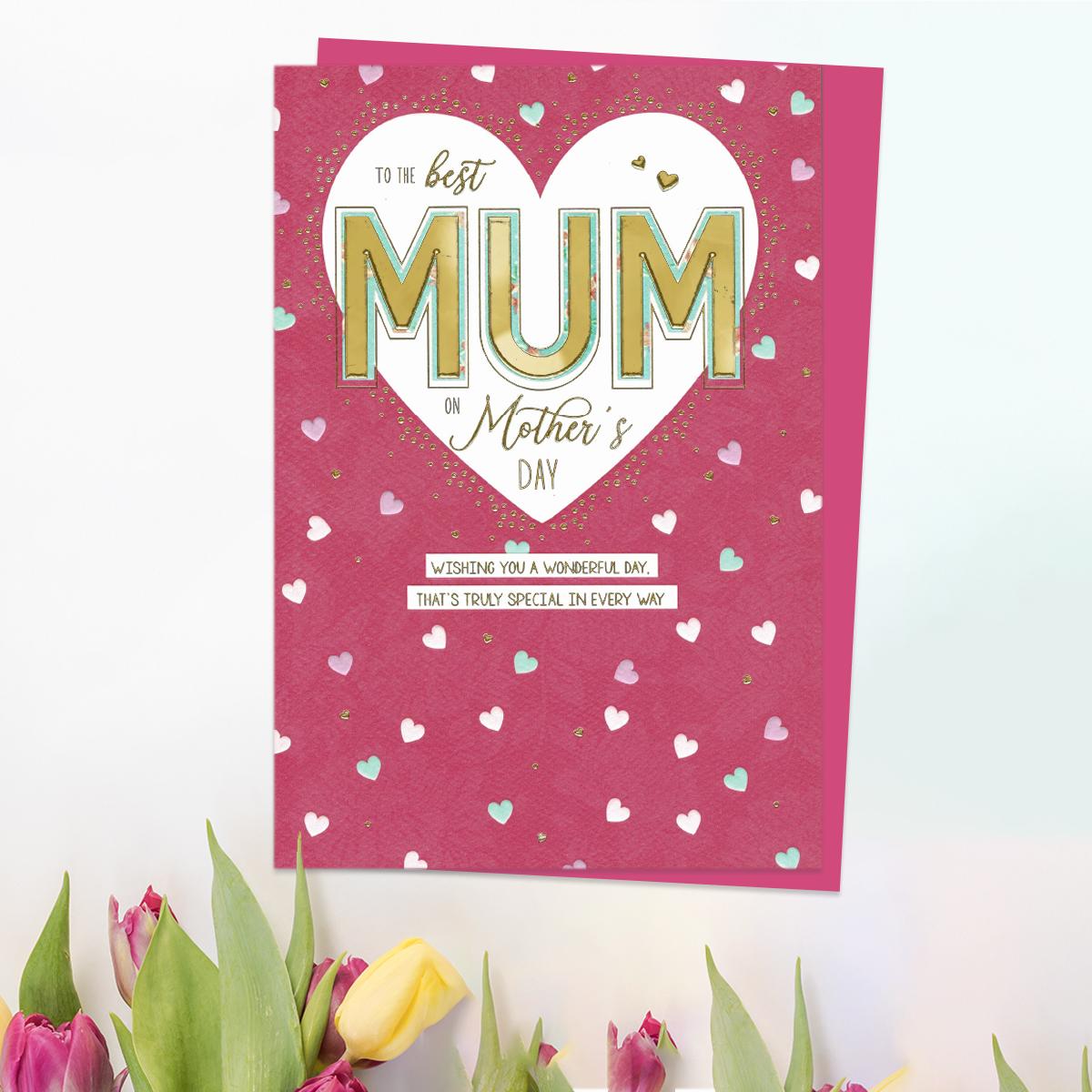 ' To The Best Mum On Mother's Day' Card With Added Gold Foiling Detail And Cerise Envelope