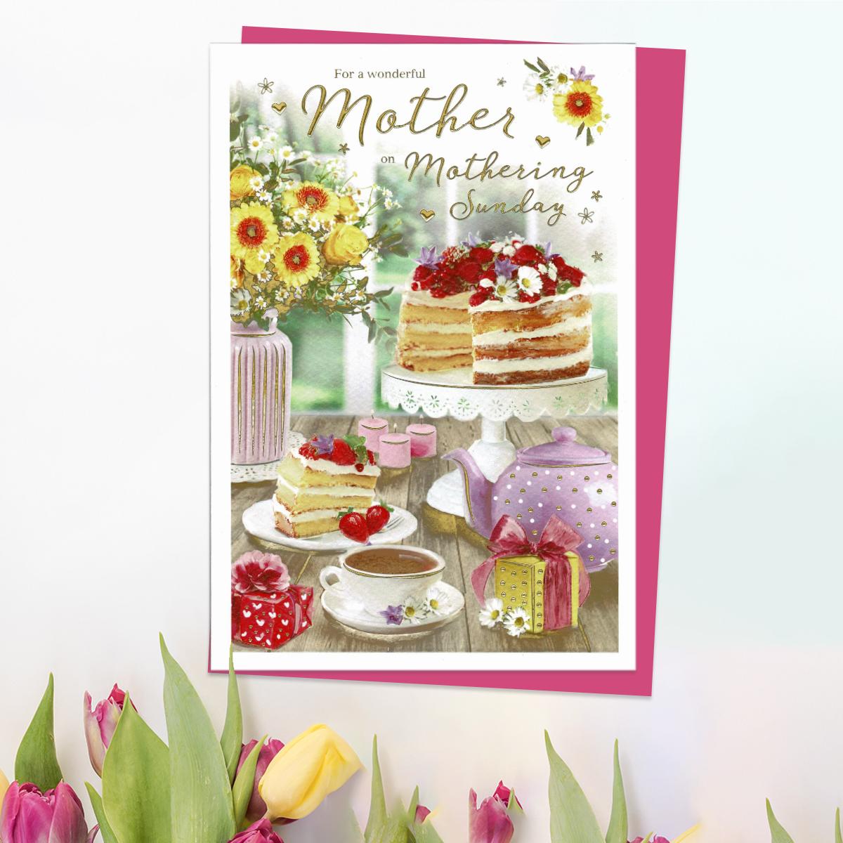 ' For A Wonderful Mother On Mothering Sunday' Card Featuring A Full Colour Afternoon Tea! Complete With Gold Foil Detail And Cerise Envelope