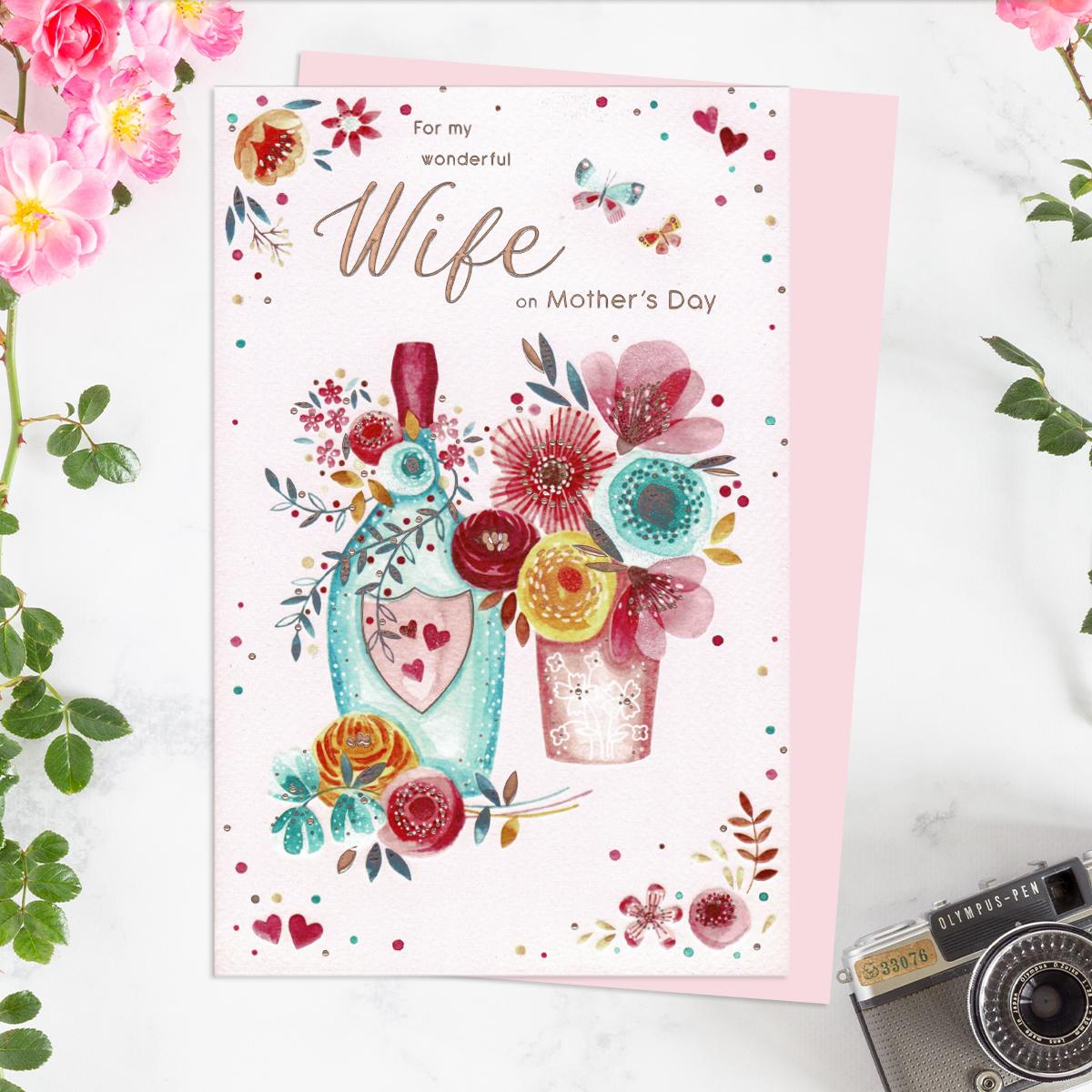 ' For My Wonderful Wife On Mother's Day' Card With Vibrant Flowers And Stunning Rose Gold Foiling Detail. Complete With Pink Envelope