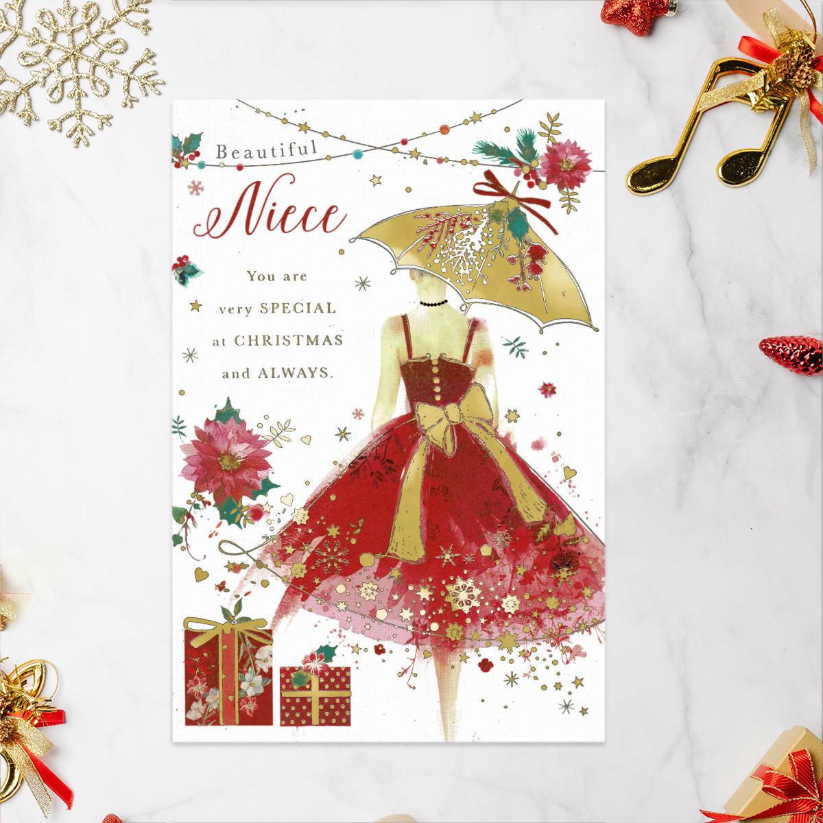 Beautiful Niece Christmas Red Dress Card Front Image
