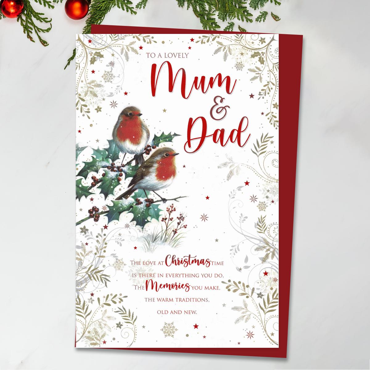 Lovely Mum and Dad Christmas Robins Card Front Image