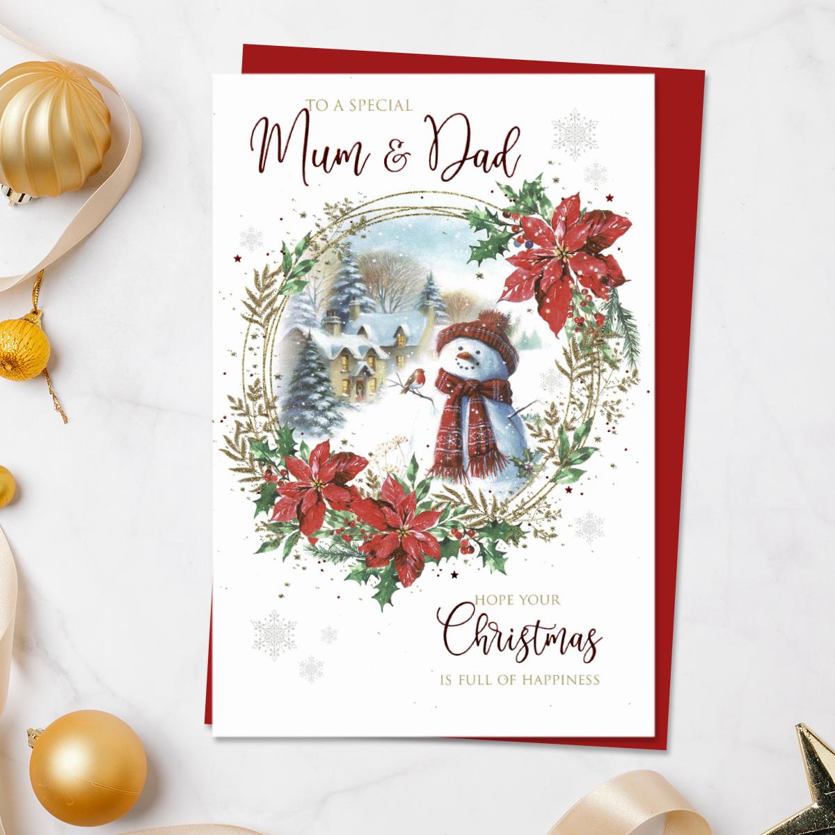 Special Mum And Dad Snowman & Garland Card Front Image