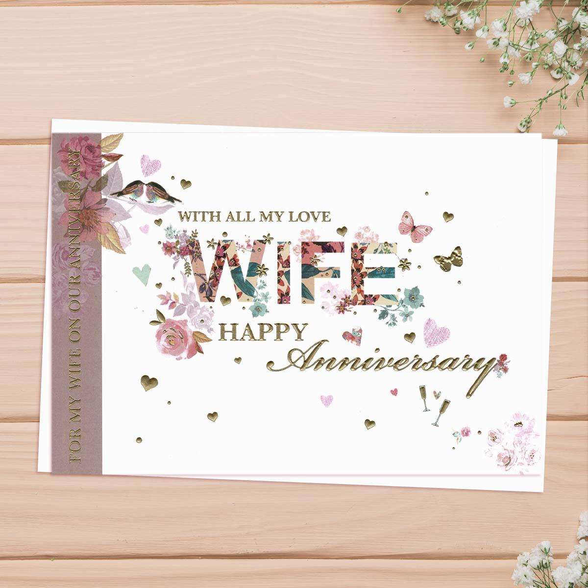 Wife Anniversary Hearts, Butterflies & Flowers Card Front Image