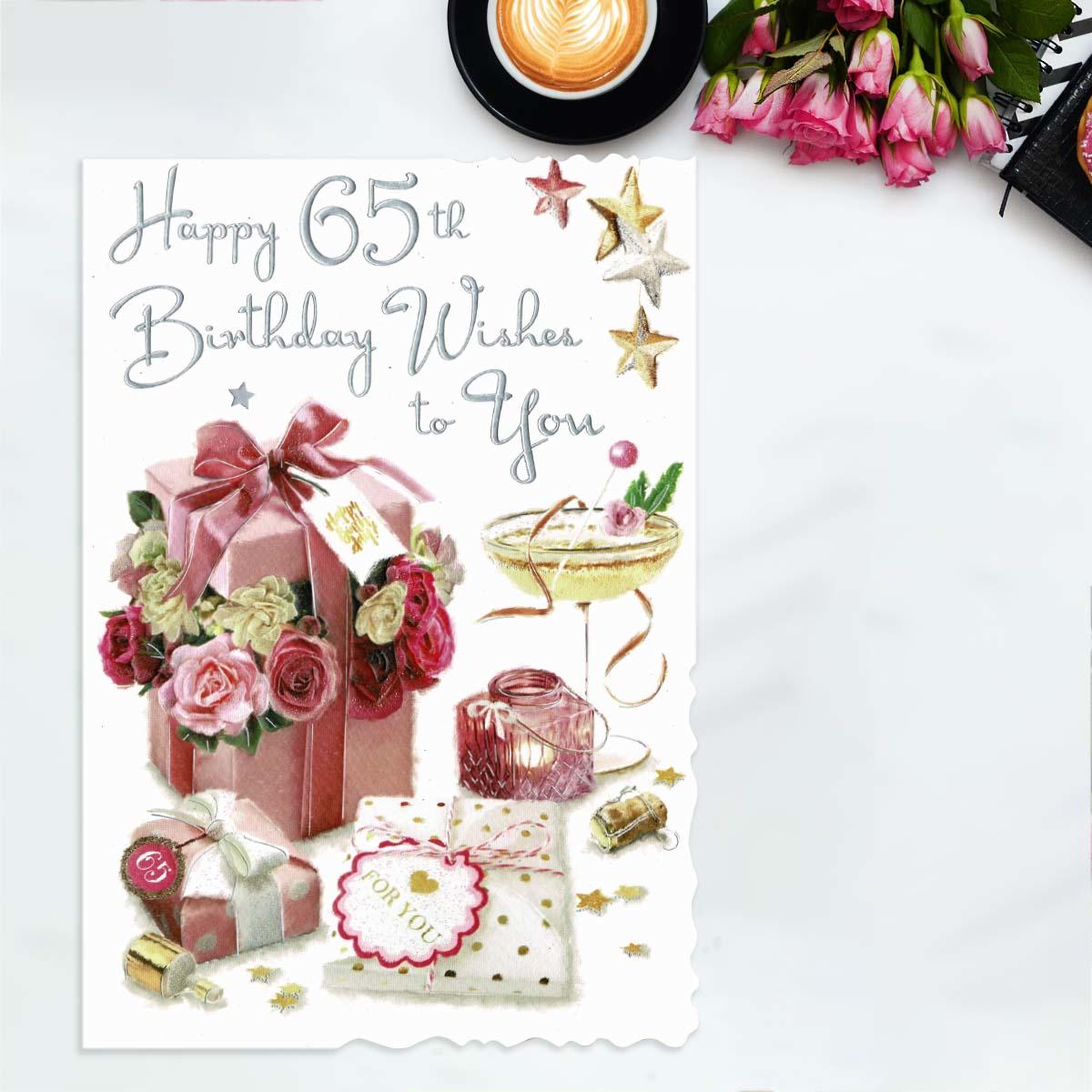 Happy 65th Birthday Wishes Pink Roses Card Front Image