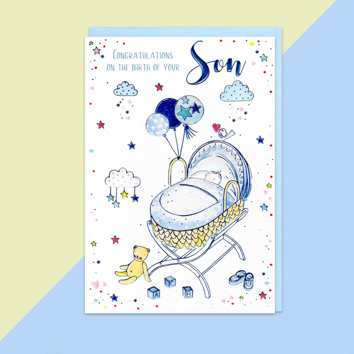 Birth Of Your Son Baby Card Alongside Its Blue Envelope