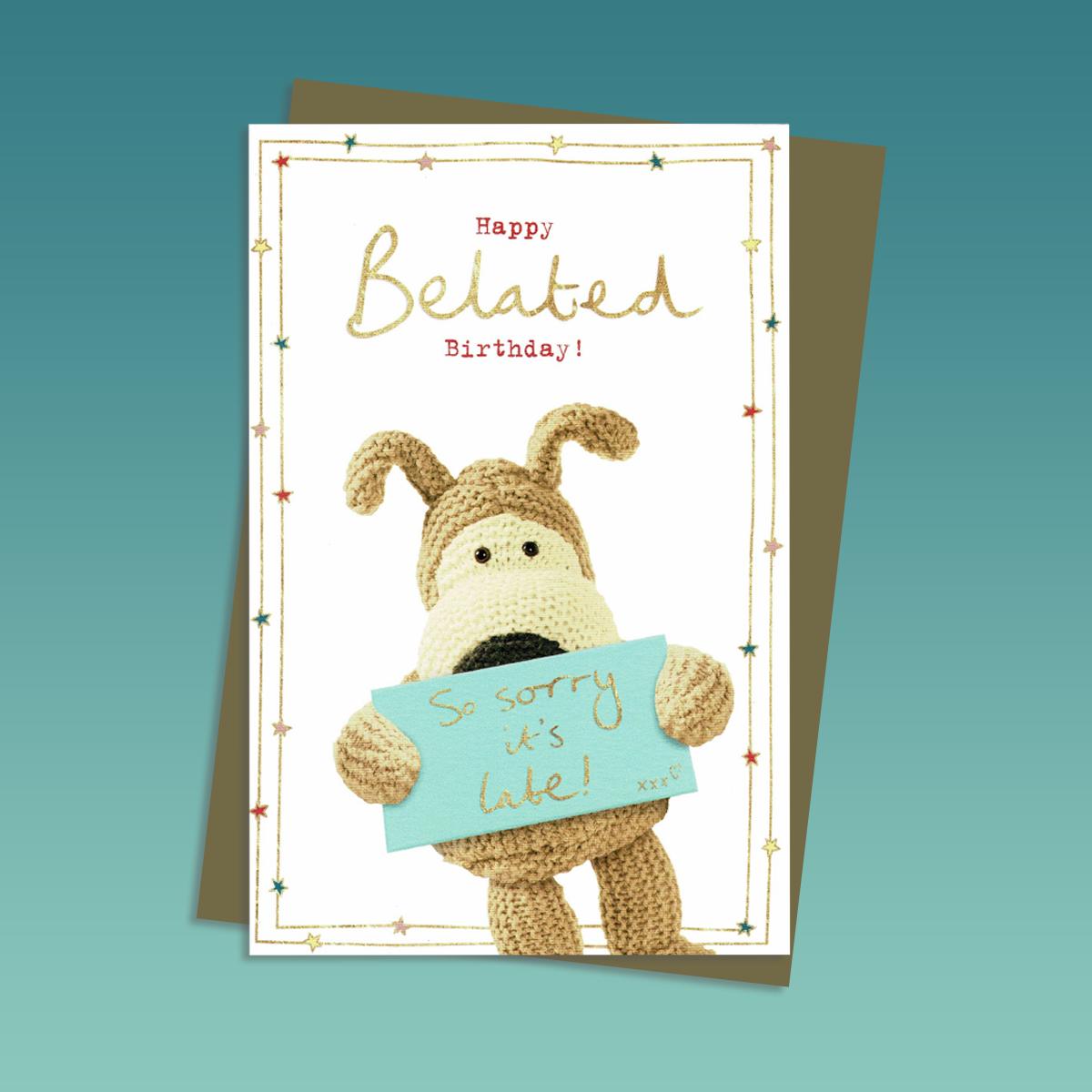 Boofle Belated Birthday Card Alongside Its Kraft Envelope