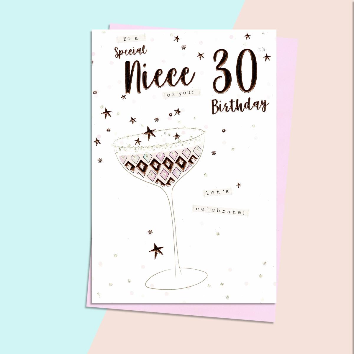 Niece Age 30 Birthday Card Alongside Its Light Pink Envelope