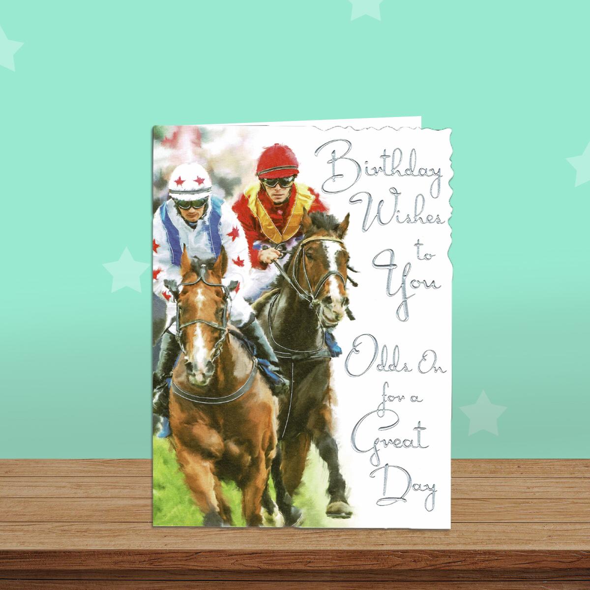 Horse Racing Themed Birthday Card Alongside Its White Envelope