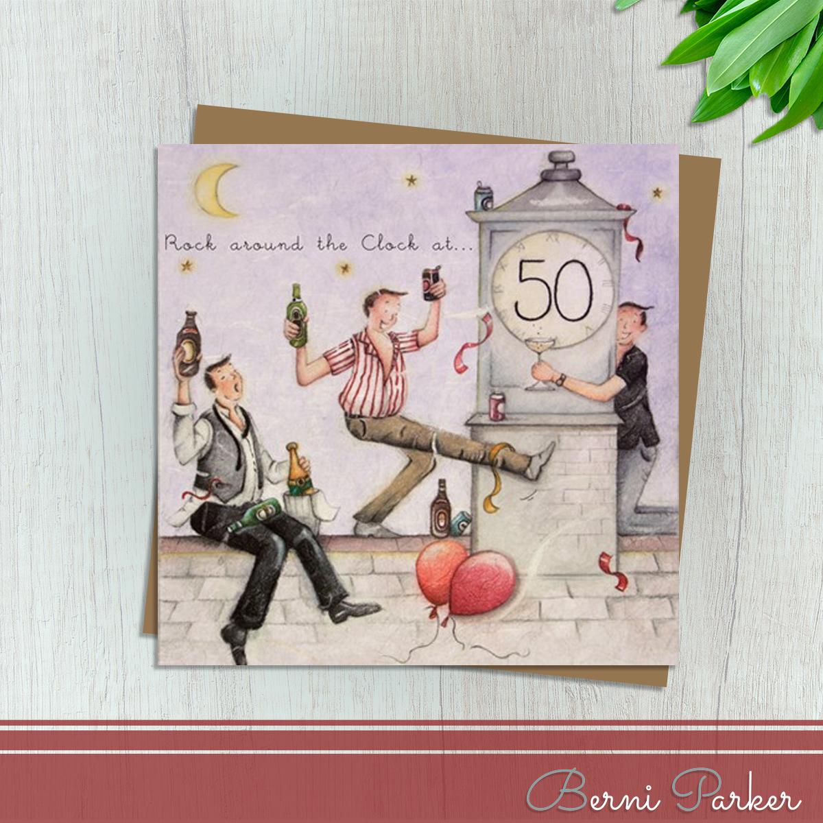 Showing Three Guys Partying On A Rooftop. The Clock Says 50. Caption: Rock Around The Clock At 50. Blank Inside For Your Own Message. Complete With Brown Kraft Envelope