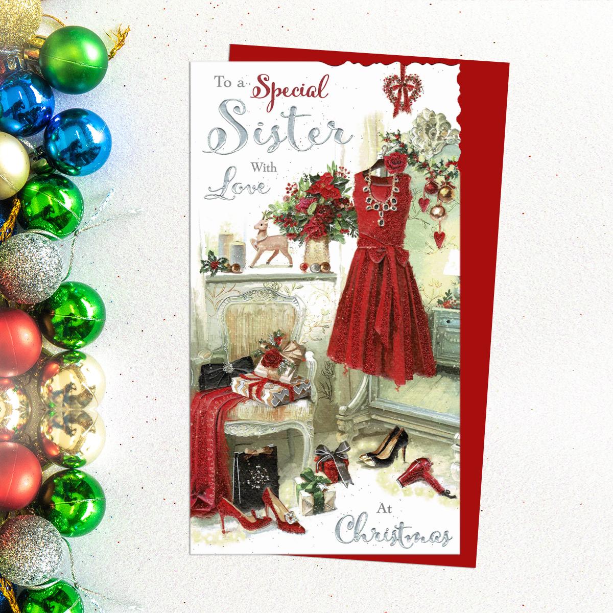 To A Special sister With Love At Christmas Featuring Beautiful Red Dresses And Shoes And Hairdryer. Red And Silver Lettering And Red Envelope Complete The Look!