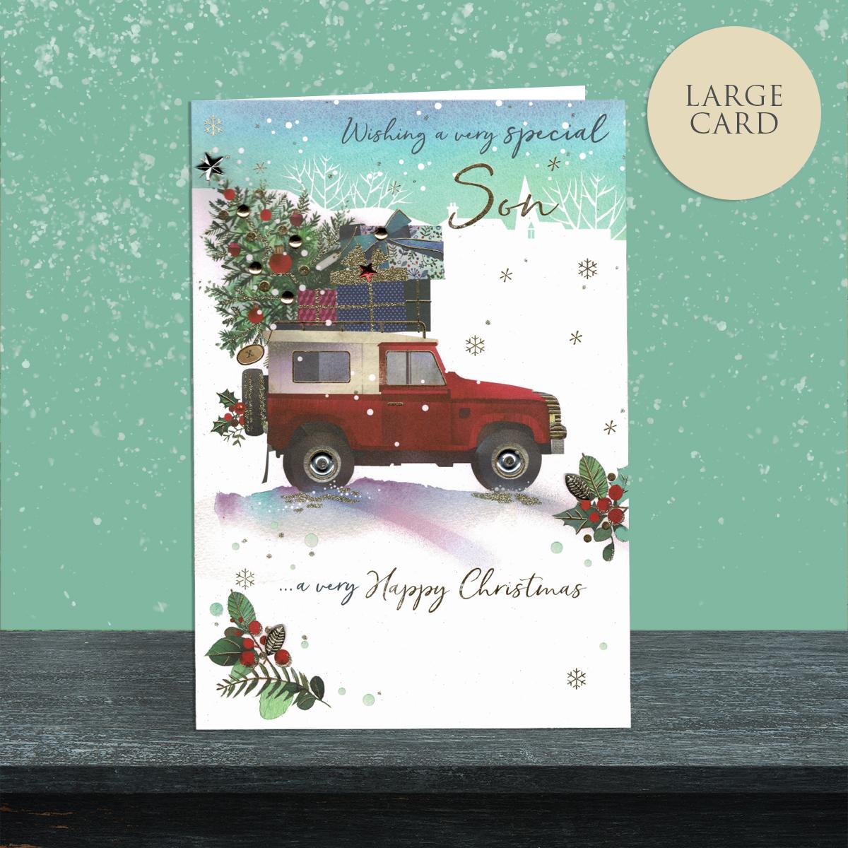 Wishing A Very Special Son A Very Happy Christmas. This Card Shows A Truck Bringing Home The Christmas Tree And Gifts. Embellished And With A Double Page Insert. Finished With A Silver Envelope