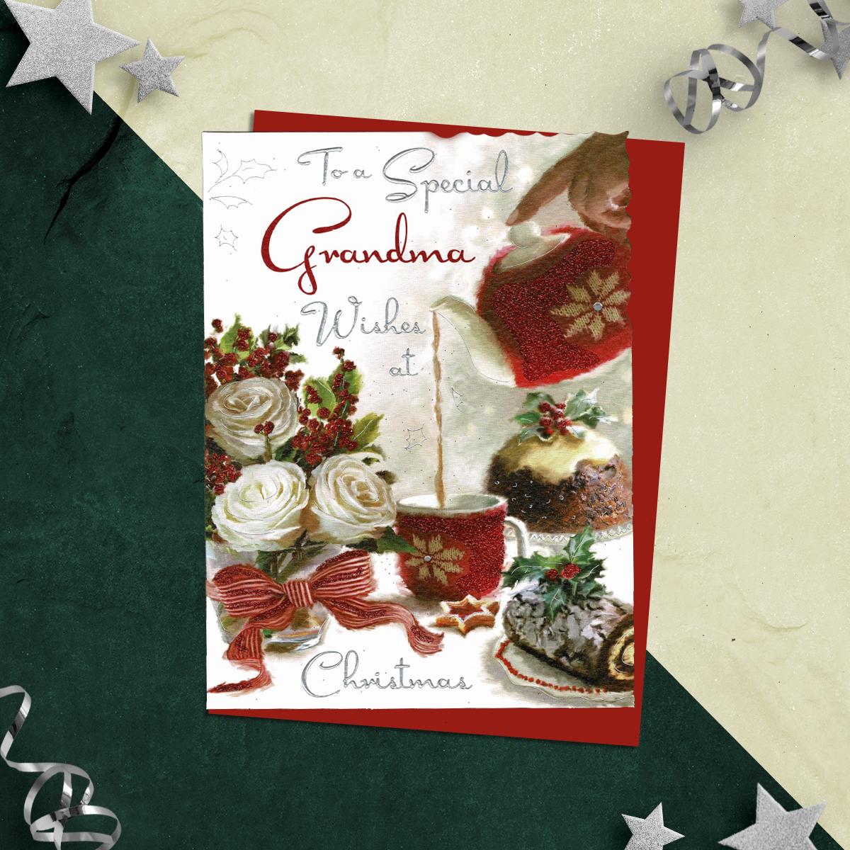 To A Special Grandma Wishes At Christmas Featuring Tea Being Poured And Christmas Cake! Finished With Silver Foiled And Red Lettering, Red Glitter And Red Envelope