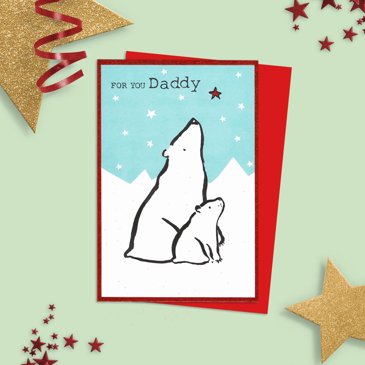 For You Daddy Featuring A Doodle Drawn Daddy Polar Bear And Cub. Finished With Red Glitter And Red Envelope
