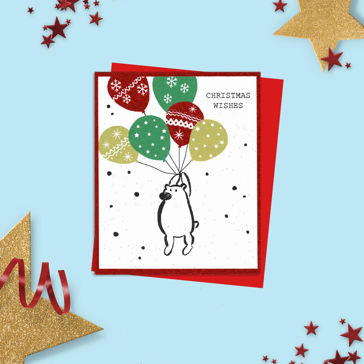 General Christmas Card Featuring A Doodle Of a Bear With Coloured Balloons. Added Glitter And Red Envelope To Finish