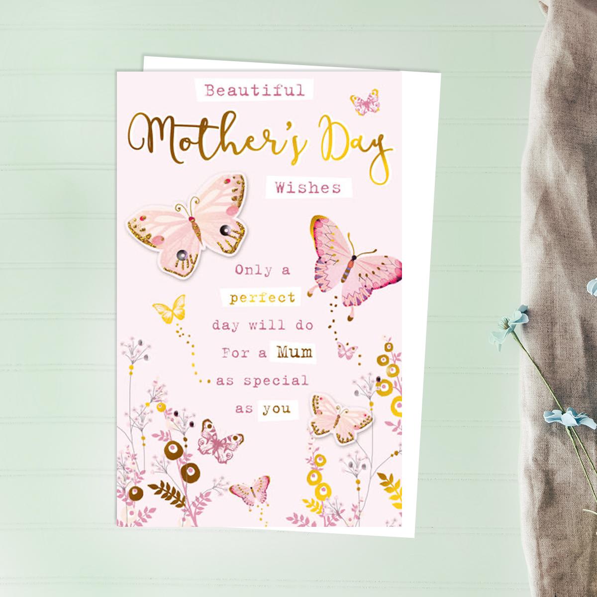 Butterfly Themed Mother's Day Design Alongside Its White Envelope