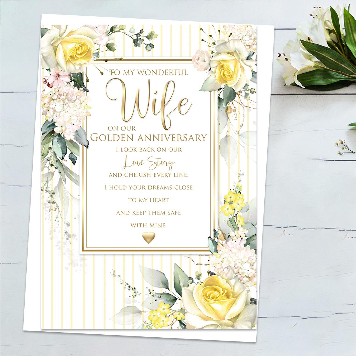 ' To My Beautiful Wife On Our Golden Anniversary' Featuring White Hydrangea And Lemon Roses With gold Foiled Detail And Heartfelt words. Complete With White Envelope