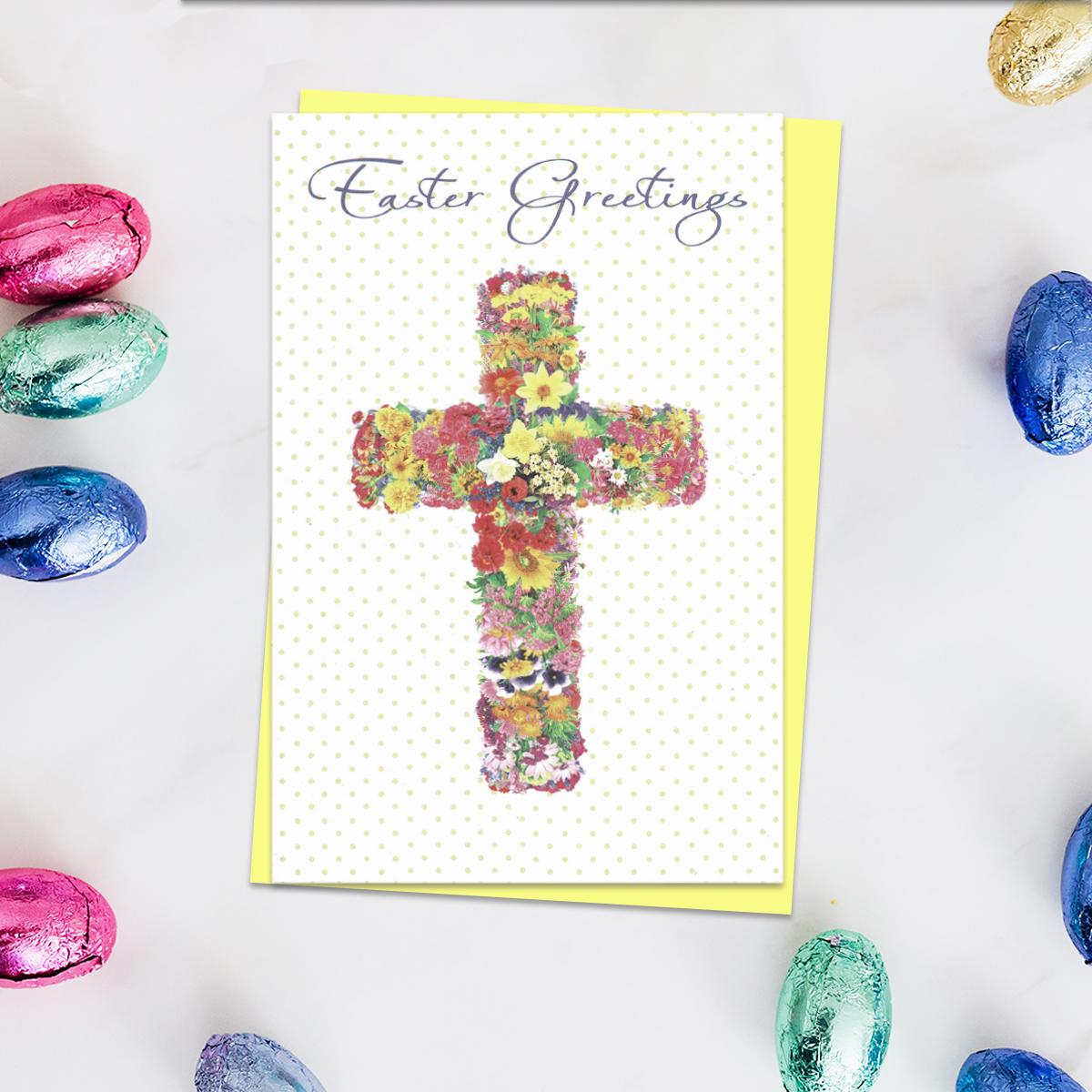 Floral Crucifix Easter Card Alongside Its Yellow Envelope