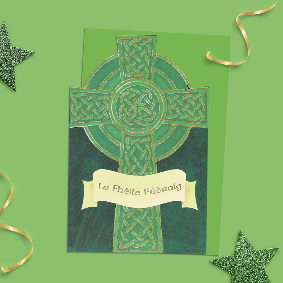 ' Celtic Cross' St. Patrick's Day Card With Added Gold Foil Detail. Complete With Green Envelope