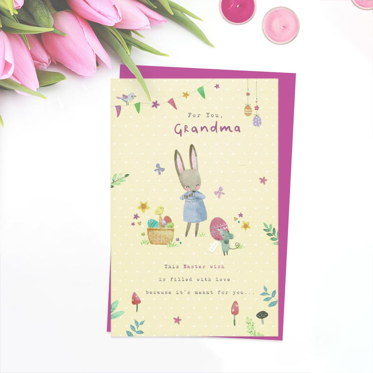 ' For You Grandma' Easter Card Featuring  A Rabbit, Mouse And Chick with Easter Eggs. Complete With Magenta Envelope