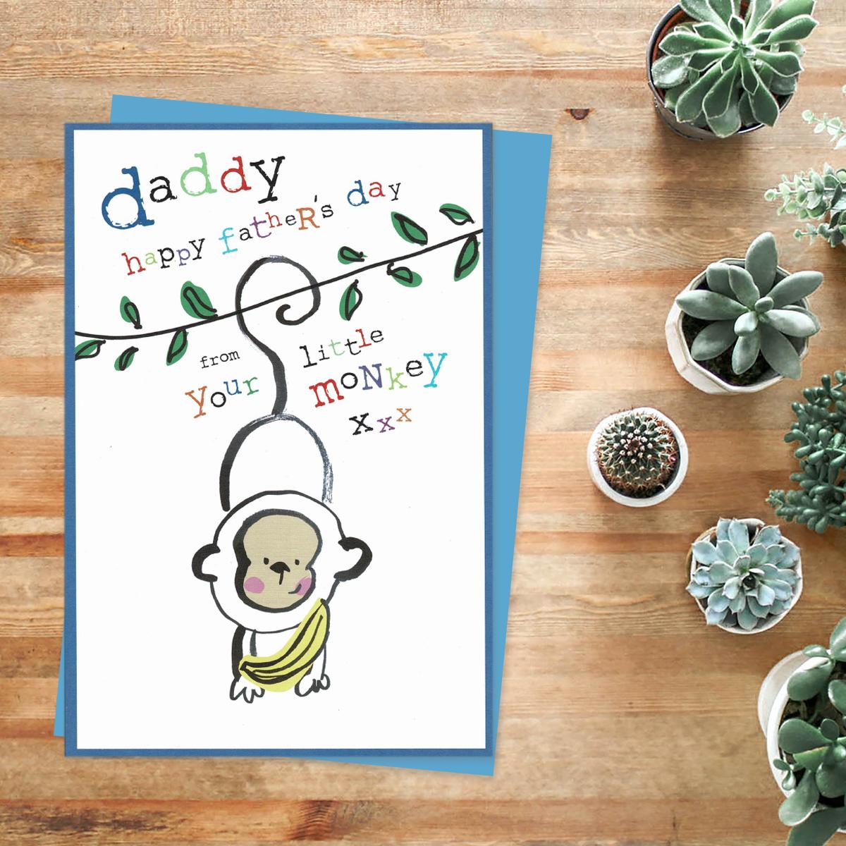 ' Daddy Happy Father's Day From Your Little Monkey' Card  Featuring A Cartoon Monkey Hanging From A Branch! Complete With Blue Envelope