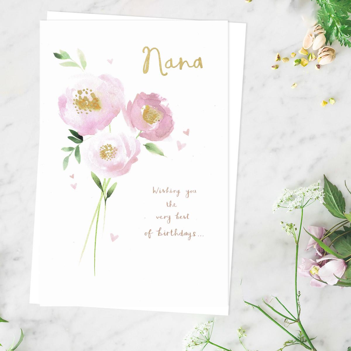 Nana Birthday Pink Flowers & Hearts Card Front Image