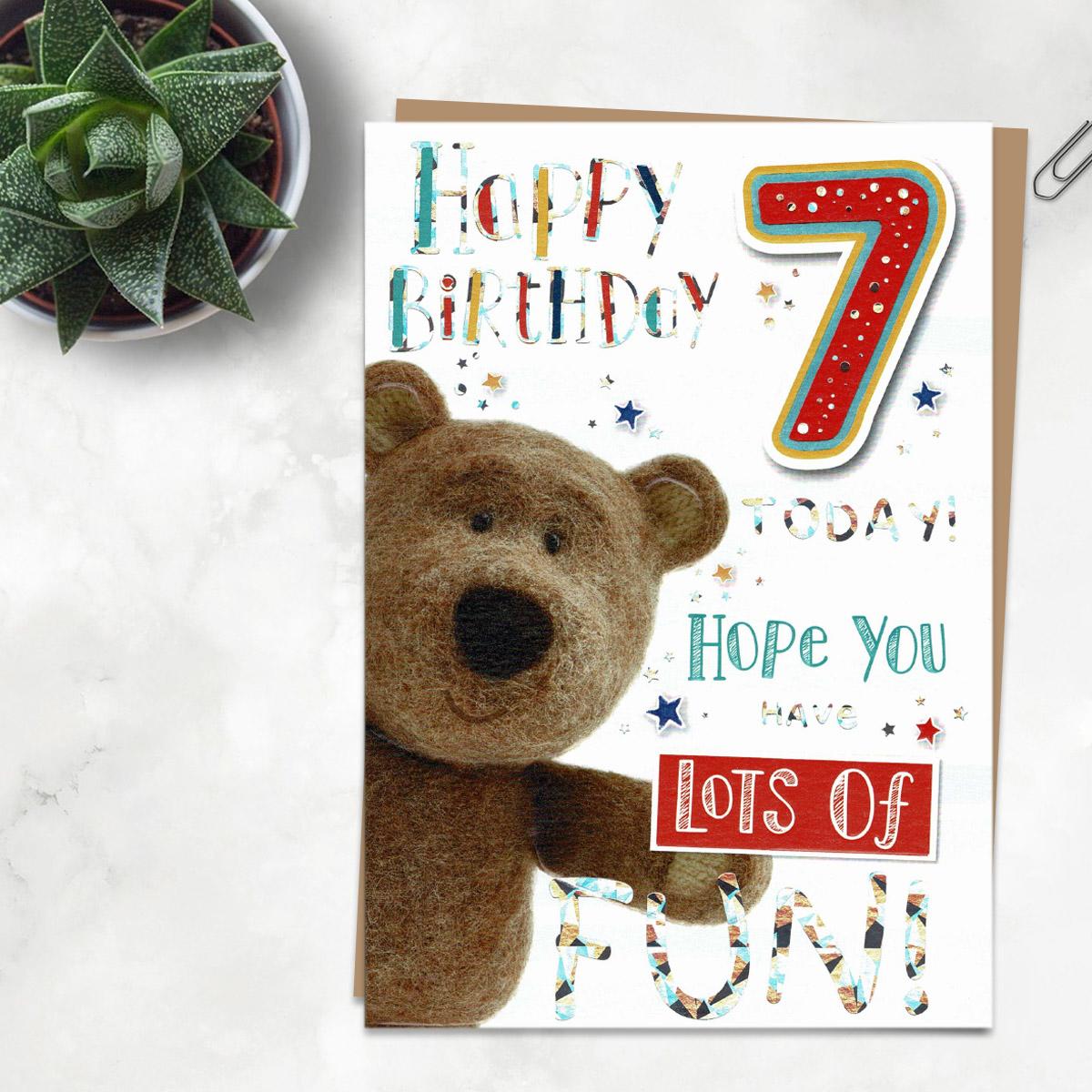 Barley Bear Age 7 Birthday Card Alongside Its Kraft Envelope