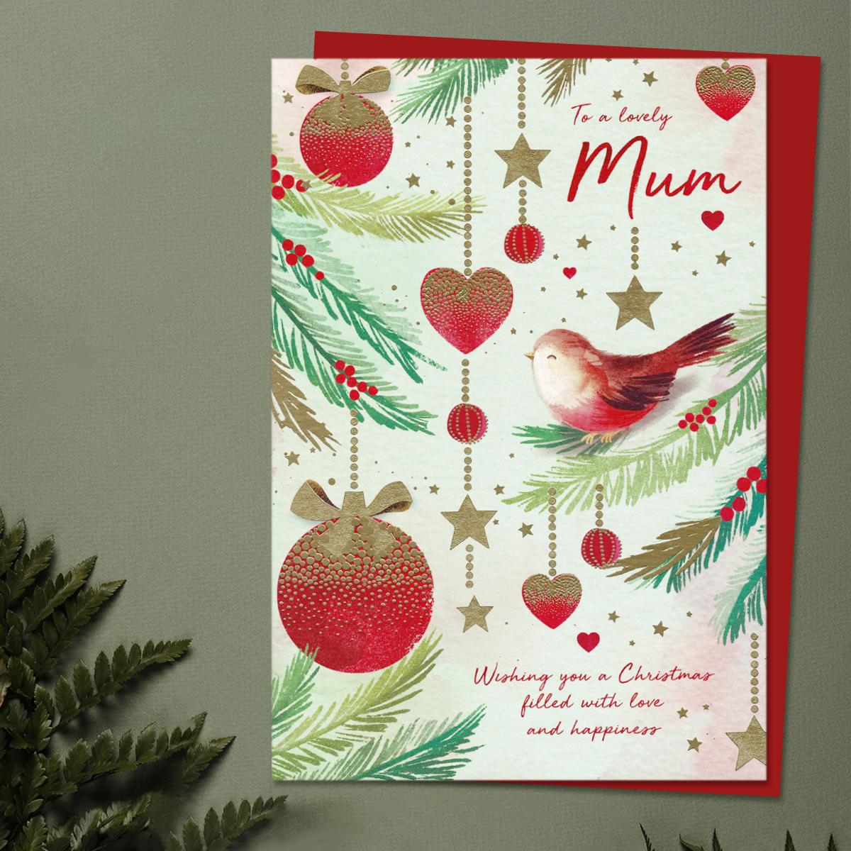 Mum Red Hanging Baubles & Robin Card Front Image