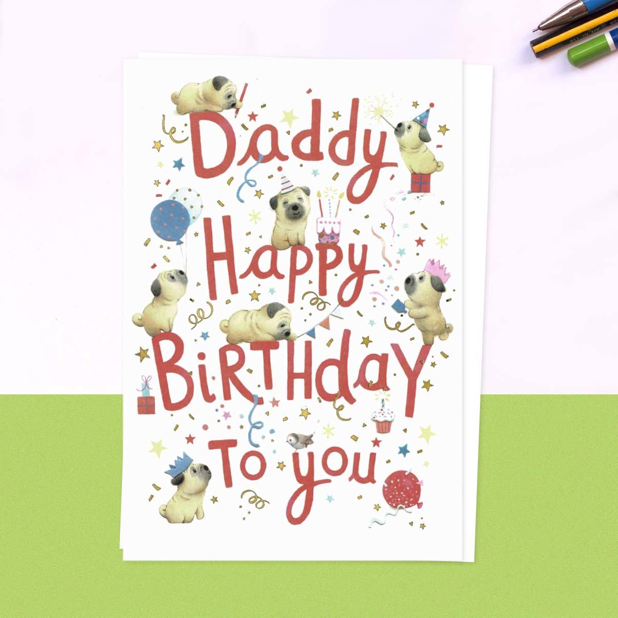 Daddy Happy Birthday Pugs & Kisses Card Front Image