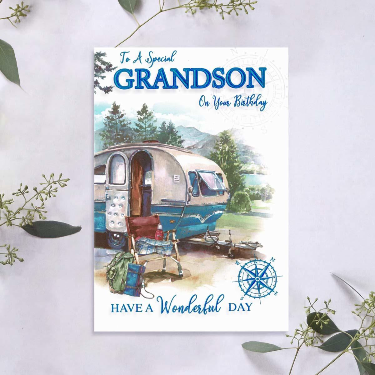 Grandson Birthday Caravan Card Front Image