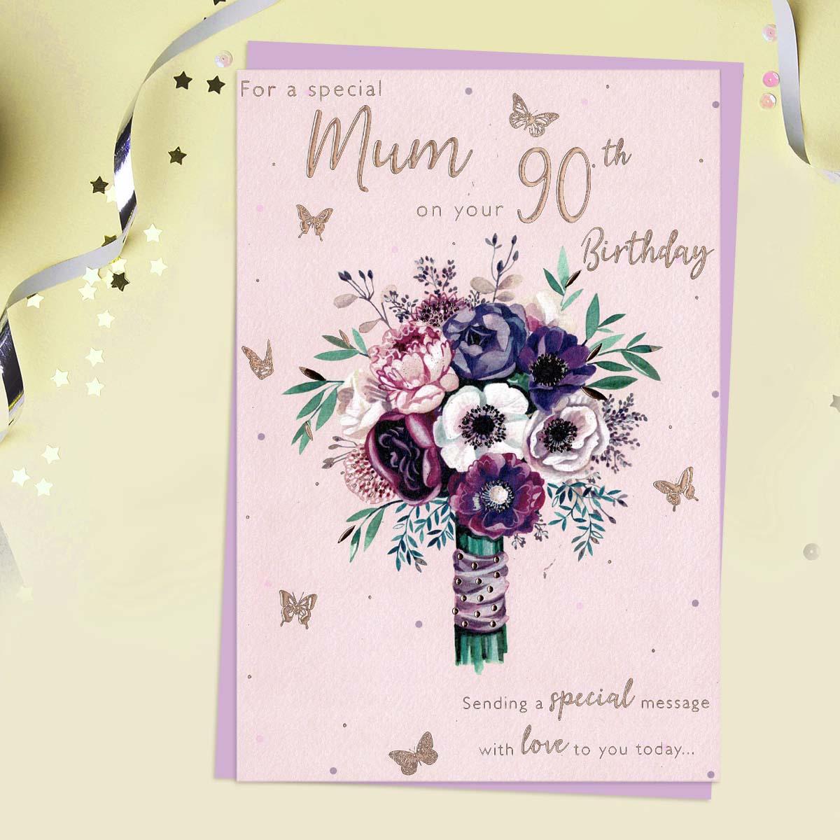 Special Mum 90th Tied Bouquet Card Front Image