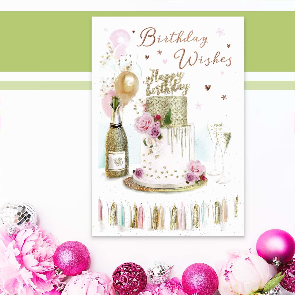 Essence - Birthday Wishes Cake & Bubbly Card Front Image
